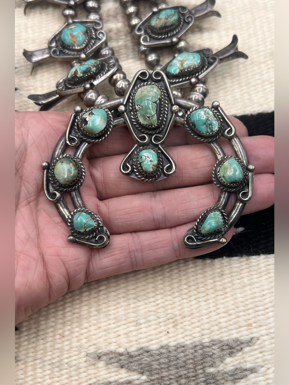 Native American 900 Silver Natural Turquoise Squash Blossom Naja Necklace - Picture 8 of 10